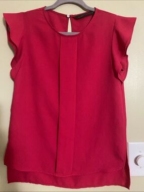 Zara Hot Pink Flutter Sleeve Pleat-Front Blouse